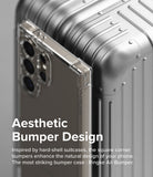 Galaxy S24 Ultra Case | Air Bumper - Clear phone case with reinforced square corners resting against a silver suitcase.
