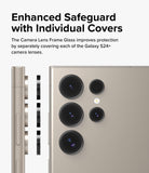 Galaxy S24 Ultra Lens Protector | Camera Lens Frame Glass - Galaxy S24 Ultra Lens Protector - Individual black glass covers aligning with the camera lenses on a gold smartphone.