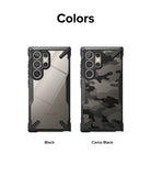 Galaxy S24 Ultra Case | Fusion-X - Two Galaxy S24 Ultra phones in Black and Camo Black Fusion-X cases side by side.