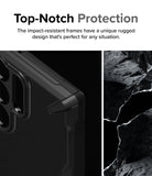 Galaxy S24 Ultra Case | Fusion-X - Close-up of a rugged black phone case corner next to a textured rock surface.