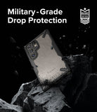 Galaxy S24 Ultra Case | Fusion-X - Phone case on a rock with debris, text stating military-grade drop protection.