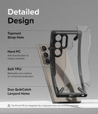 Galaxy S24 Ultra Case | Fusion-X - Exploded view of a phone case highlighting strap holes, hard PC, and soft TPU materials.