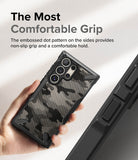 Galaxy S24 Ultra Case | Fusion-X - Hand holding a camo-patterned phone case with textured side grips and reinforced corners.