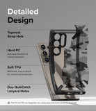 Galaxy S24 Ultra Case | Fusion-X - Exploded view of a phone case highlighting strap holes, hard PC, and soft TPU materials.