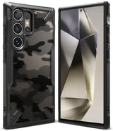Galaxy S24 Ultra Case | Fusion-X - Black camouflage phone case shown from back and front views on a white background.
