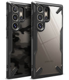 Galaxy S24 Ultra Case | Fusion-X - Two rugged black phone cases, one with a camo pattern and one clear, showing camera cutouts.
