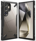 Galaxy S24 Ultra Case | Fusion-X - Black rugged protective case with clear back panel shown from front and rear angles.