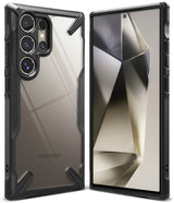 Galaxy S24 Ultra Case | Fusion-X - Black rugged protective case with clear back panel shown from front and rear angles.
