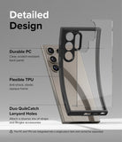 Galaxy S24 Ultra Case | Fusion Bold - Exploded view showing clear PC back, black TPU frame, and lanyard holes on a phone.