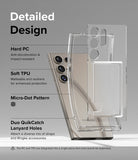 Galaxy S24 Ultra Case | Fusion Card - Exploded view of a clear phone case highlighting PC, TPU, and lanyard features.