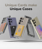 Galaxy S24 Ultra Case | Fusion Card - Five Galaxy S24 Ultra phones in clear cases with various colorful cards inserted in the back.