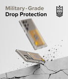 Galaxy S24 Ultra Case | Fusion Card - Clear phone case with card holder hitting a concrete surface with debris.