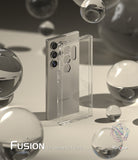 Galaxy S24 Ultra Case | Fusion - Clear phone case standing beside a silver Galaxy S24 Ultra surrounded by glass spheres.