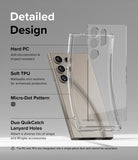 Galaxy S24 Ultra Case | Fusion - Exploded view of a clear phone case highlighting PC, TPU, micro-dots, and lanyard holes.