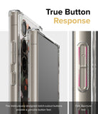 Galaxy S24 Ultra Case | Fusion Design - Close-up of clear phone case buttons with notch cutouts for tactile response.