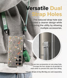 Galaxy S24 Ultra Case | Fusion Design - Floral phone case with dual strap holes holding a green strap and accessory bag.
