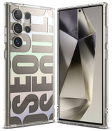 Galaxy S24 Ultra Case | Fusion Design - Clear phone case with large Seoul typography over a pastel gradient background.