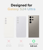 Galaxy S24 Ultra Case | Fusion Design - Comparison chart showing Galaxy S24, S24+, and S24 Ultra with a green check for the 6.8" Ultra.