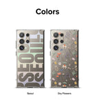 Galaxy S24 Ultra Case | Fusion Design - Two Galaxy S24 Ultra phones with Seoul typography and floral patterns.