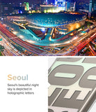 Galaxy S24 Ultra Case | Fusion Design - Seoul night cityscape above a phone case featuring holographic lettering.