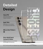 Galaxy S24 Ultra Case | Fusion Design - Exploded view of a clear phone case highlighting PC, TPU, and lanyard features.