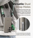 Galaxy S24 Ultra Case | Fusion Matte - Phone case with dual strap holes attached to a green lanyard and accessory.