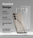 Galaxy S24 Ultra Case | Fusion Matte - Exploded view of a phone case highlighting PC, TPU, micro-dots, and lanyard holes.