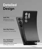 Galaxy S24 Ultra Case | Onyx - Flexible black phone case showing TPU material, micro-dot texture, and lanyard holes.