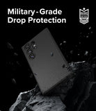 Galaxy S24 Ultra Case | Onyx - Black phone case floating above jagged rocks with military-grade drop protection text.