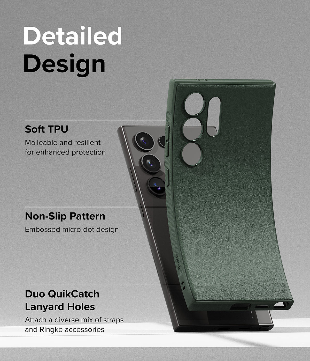 Galaxy S24 Ultra Case | Onyx - Dark green flexible phone case highlighting TPU material, non-slip texture, and lanyard holes.