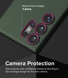 Galaxy S24 Ultra Case | Onyx - Close-up of green phone case highlighting 1.2mm raised edges around the camera lenses.