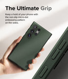 Galaxy S24 Ultra Case | Onyx - Hand holding a dark green phone case showing a textured side grip with micro-dot embossing.