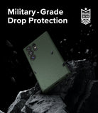 Galaxy S24 Ultra Case | Onyx - Dark green phone case floating above jagged rocks with military-grade drop protection text.