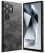Galaxy S24 Ultra Case | Onyx Design - Black textured camo phone case shown from back and front with a metallic screen.
