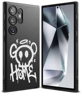 Galaxy S24 Ultra Case | Onyx Design - Black phone case with white graffiti skull art and matching phone front view.