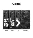 Galaxy S24 Ultra Case | Onyx Design - Four Galaxy S24 Ultra cases with Graffiti, Moon, X, and Camo Black designs.