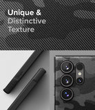 Galaxy S24 Ultra Case | Onyx Design - Close-up of a textured black phone case with a diagonal pattern and camera lens detail.