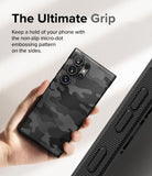 Galaxy S24 Ultra Case | Onyx Design - Hand holding a camo-patterned phone case with micro-dot textured sides.