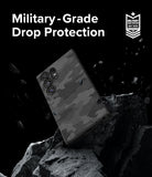 Galaxy S24 Ultra Case | Onyx Design - Black camo phone case floating above jagged rocks with military-grade protection text.