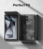 Galaxy S24 Ultra Case | Onyx Design - Exploded view of a black camo phone case showing front, back, and side profiles.