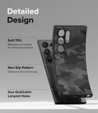 Galaxy S24 Ultra Case | Onyx Design - Black camo phone case showing TPU material, non-slip pattern, and lanyard holes.