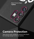 Galaxy S24 Ultra Case | Onyx Design - Close-up of phone case showing 1.2mm raised camera edges with pink highlights for protection.