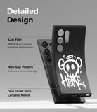 Galaxy S24 Ultra Case | Onyx Design - Black phone case with white graffiti art, highlighting TPU, texture, and lanyard holes.