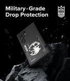 Galaxy S24 Ultra Case | Onyx Design - Black phone case with moon graphic floating above dark rocks with debris.