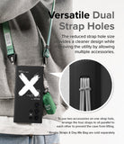 Galaxy S24 Ultra Case | Onyx Design - Close-up of dual strap holes on a black phone case with multiple accessories attached.
