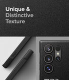 Galaxy S24 Ultra Case | Onyx Design - Close-up of a textured black phone case with a camera module and side buttons.