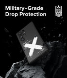 Galaxy S24 Ultra Case | Onyx Design - Black phone case with white X graphic, floating debris, and military-grade protection text.