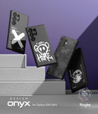 Galaxy S24 Ultra Case | Onyx Design - Four Galaxy S24 Ultra phones with unique graphic cases floating above white steps.