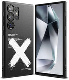 Galaxy S24 Ultra Case | Onyx Design - Black phone case with white X graphic and technical text, shown from back and front.