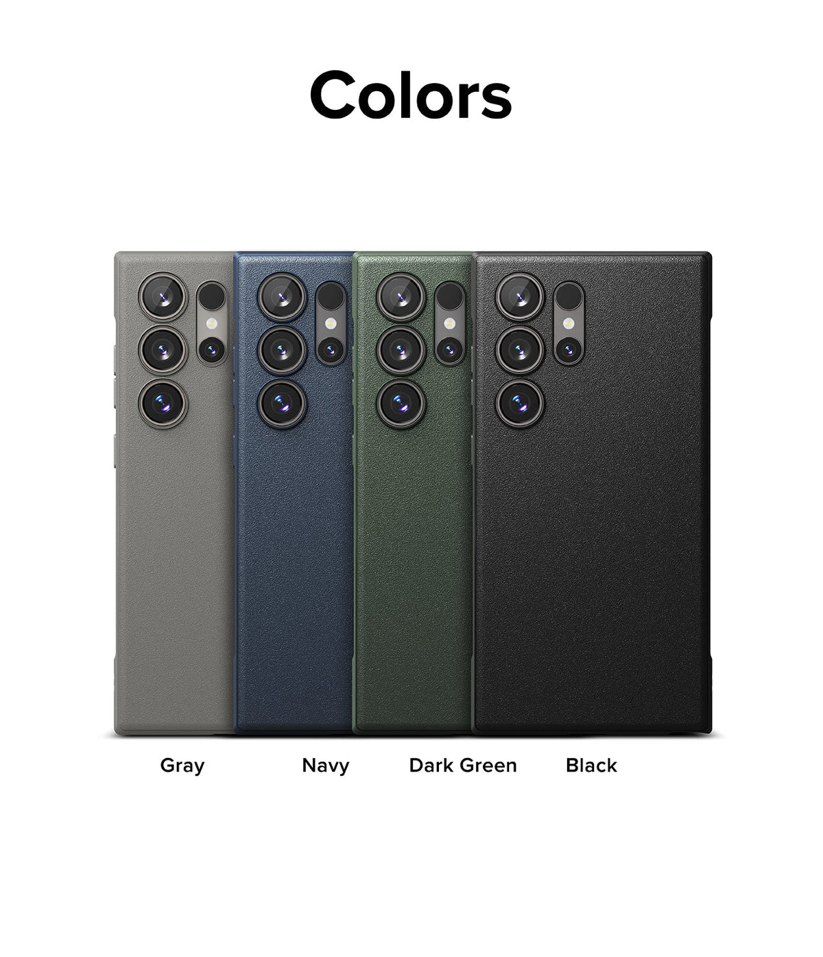 Galaxy S24 Ultra Case | Onyx - Four Galaxy S24 Ultra phones in gray, navy, dark green, and black cases lined up side-by-side.